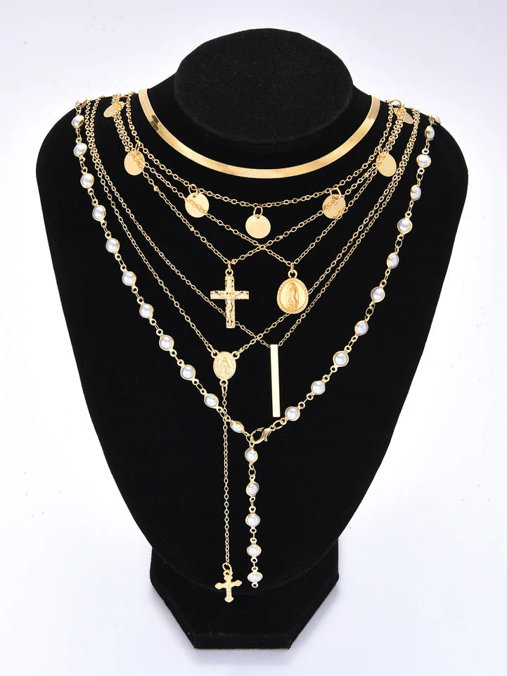 7Pcs Gold Color Cross Tassel Layered Necklace Set For Women Pearl Snake Chain Chokers Y-Necklace Trendy Statement Jewelry Gifts