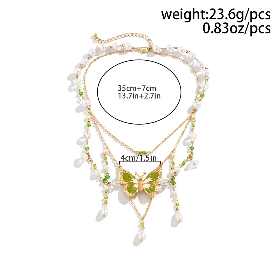 PuRui Sweet Cute Green Drip Oil Butterfly Pendant Necklace Exquisite Sweet Imitation Pearl Tassel Necklace Femme Charm Jewelry