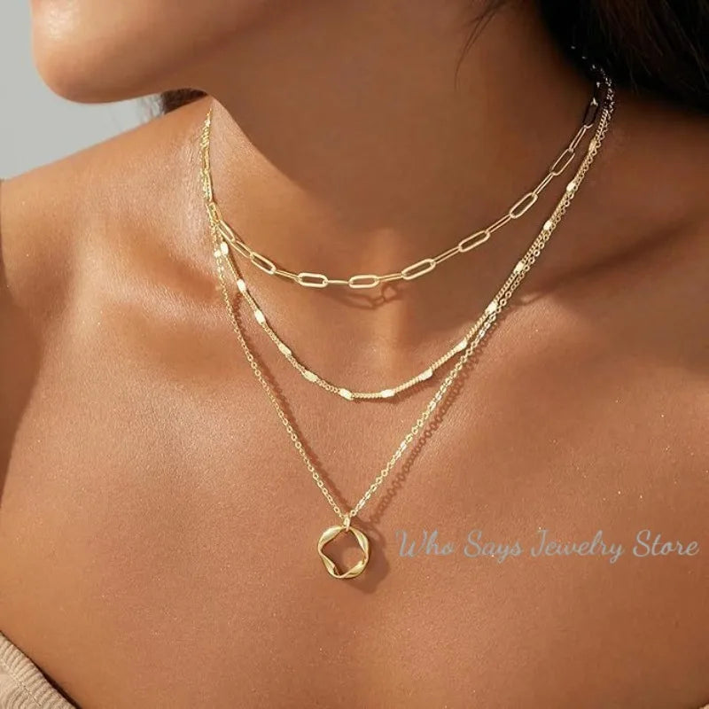 Multilayer Pendant Necklace on Neck Chain Women Crystal Zircon Heart Star Charm Layered Necklace Vintage Female Neck Jewelry Hot