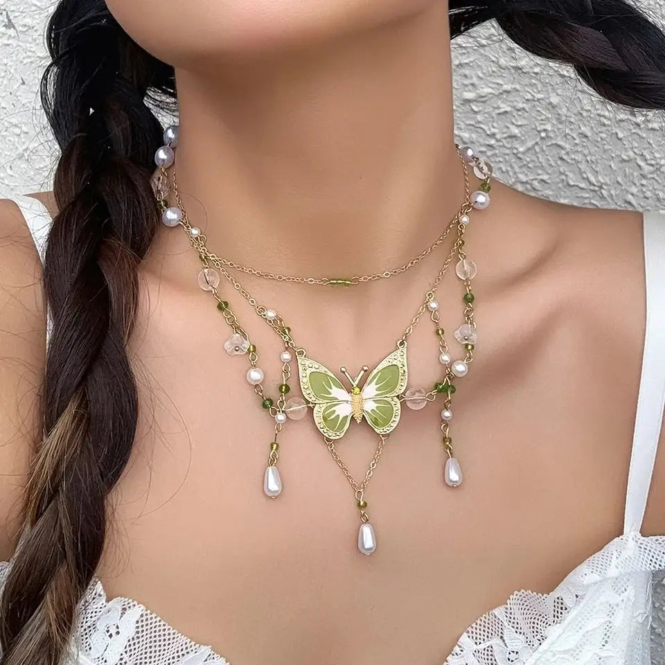 PuRui Sweet Cute Green Drip Oil Butterfly Pendant Necklace Exquisite Sweet Imitation Pearl Tassel Necklace Femme Charm Jewelry