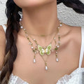 PuRui Sweet Cute Green Drip Oil Butterfly Pendant Necklace Exquisite Sweet Imitation Pearl Tassel Necklace Femme Charm Jewelry