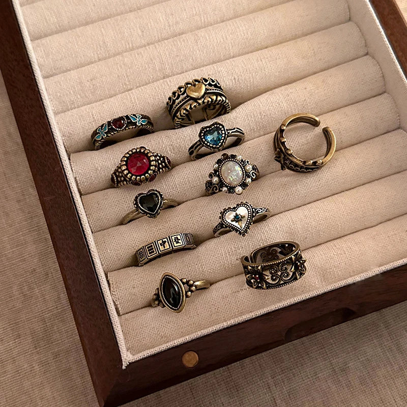 Vintage Black Gold Color Zircon Love Cross Open Ring for Women Y2K Imitation Pearl Personality Index Finger Rings Gothic Jewelry