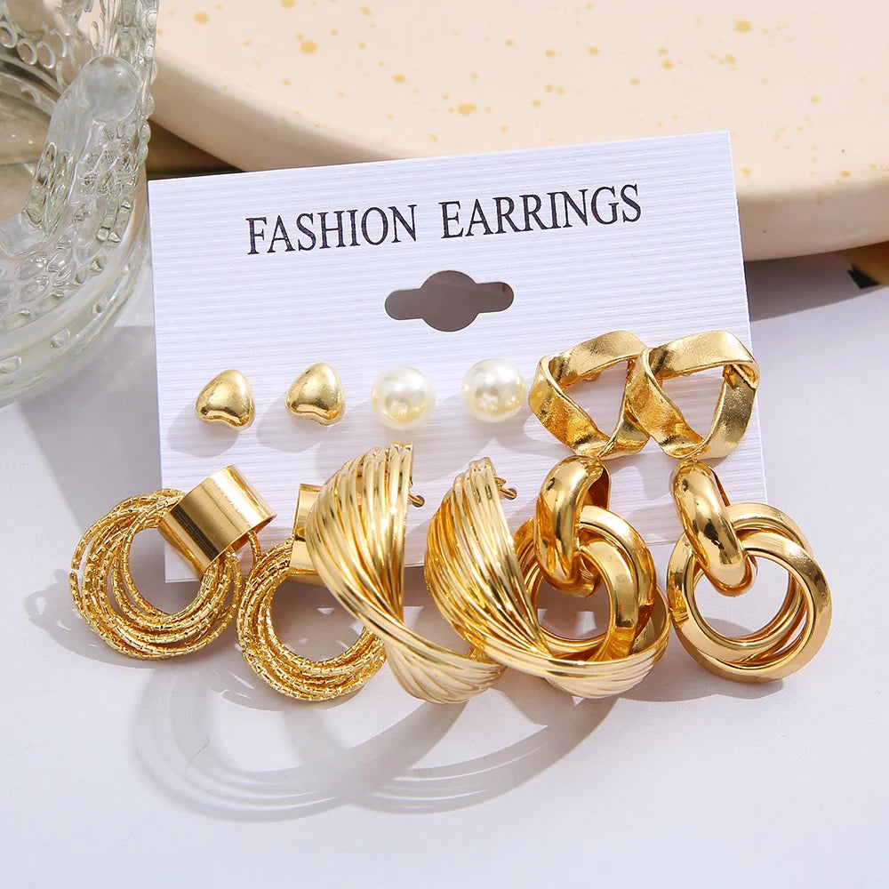 Boho Gold Color Pearl Earrings Set for Women Fashion Vintage Chunky Heart Zircon Geometric Studs Earrings Simple Jewelry Gifts
