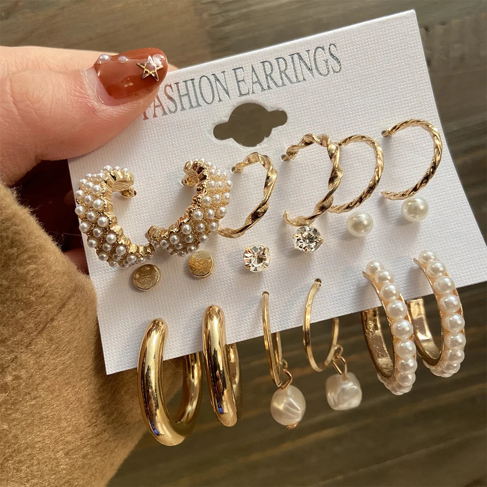 Boho Gold Color Pearl Earrings Set for Women Fashion Vintage Chunky Heart Zircon Geometric Studs Earrings Simple Jewelry Gifts