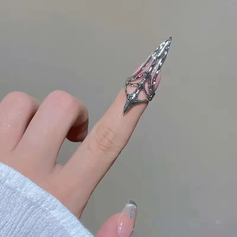 Gothic Armor Ring Silver Skeleton Nail Cover Unisex Metal Finger Shield Punk Rhinestone Decor Protective Jewelry for Women Men
