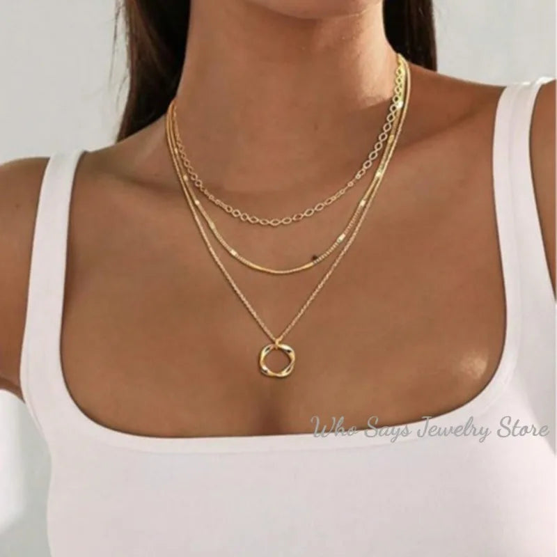 Multilayer Pendant Necklace on Neck Chain Women Crystal Zircon Heart Star Charm Layered Necklace Vintage Female Neck Jewelry Hot