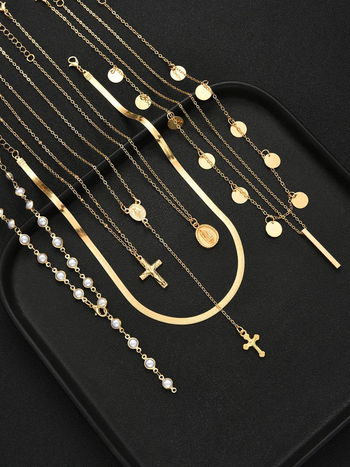 7Pcs Gold Color Cross Tassel Layered Necklace Set For Women Pearl Snake Chain Chokers Y-Necklace Trendy Statement Jewelry Gifts
