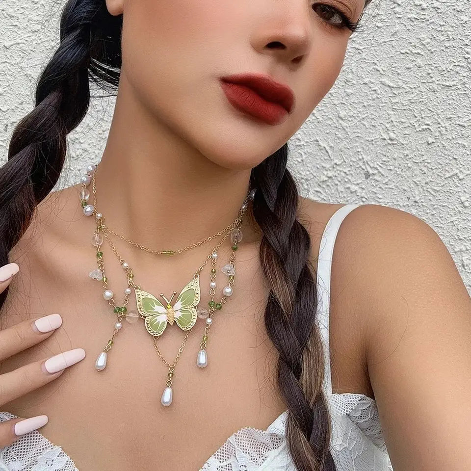 PuRui Sweet Cute Green Drip Oil Butterfly Pendant Necklace Exquisite Sweet Imitation Pearl Tassel Necklace Femme Charm Jewelry