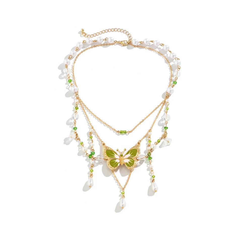PuRui Sweet Cute Green Drip Oil Butterfly Pendant Necklace Exquisite Sweet Imitation Pearl Tassel Necklace Femme Charm Jewelry