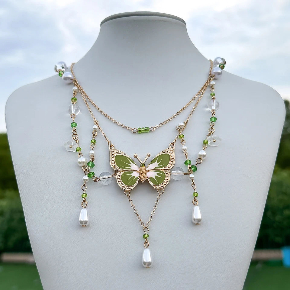PuRui Sweet Cute Green Drip Oil Butterfly Pendant Necklace Exquisite Sweet Imitation Pearl Tassel Necklace Femme Charm Jewelry