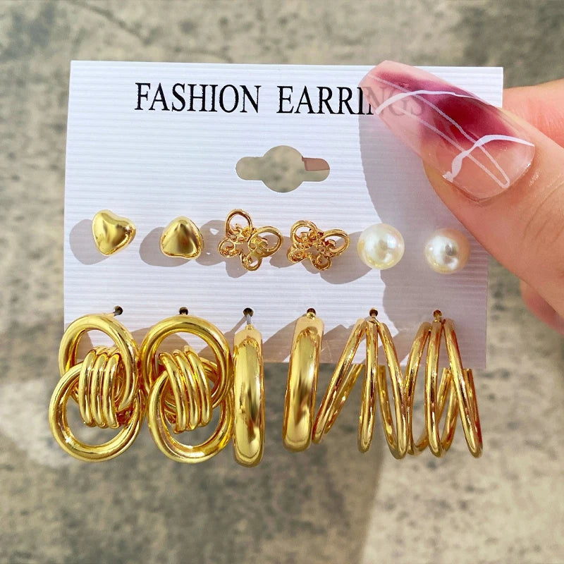 Boho Gold Color Pearl Earrings Set for Women Fashion Vintage Chunky Heart Zircon Geometric Studs Earrings Simple Jewelry Gifts