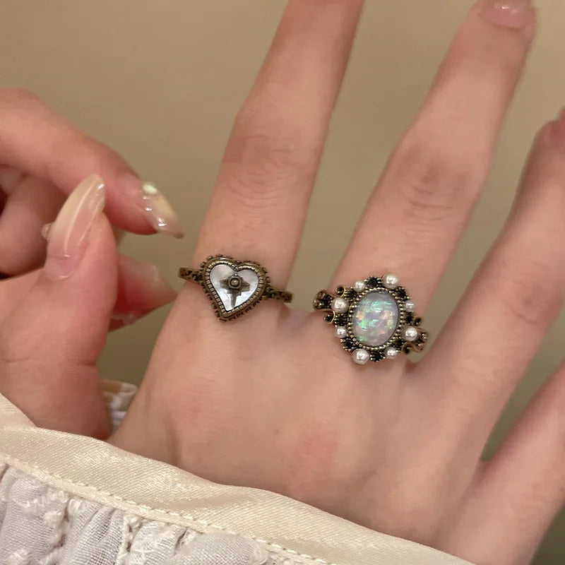 Vintage Black Gold Color Zircon Love Cross Open Ring for Women Y2K Imitation Pearl Personality Index Finger Rings Gothic Jewelry