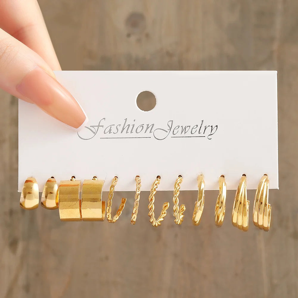 6/24 Pairs Gold Color Vintage Hoop Earrings Set for Women Girl Imitation Pearl Geometric Metal Twist Earring Fashion Jewelry