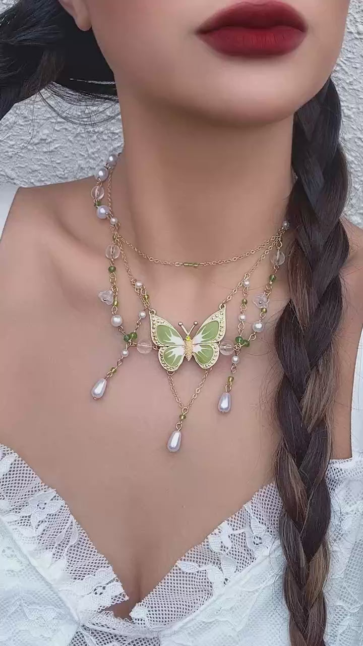 PuRui Sweet Cute Green Drip Oil Butterfly Pendant Necklace Exquisite Sweet Imitation Pearl Tassel Necklace Femme Charm Jewelry